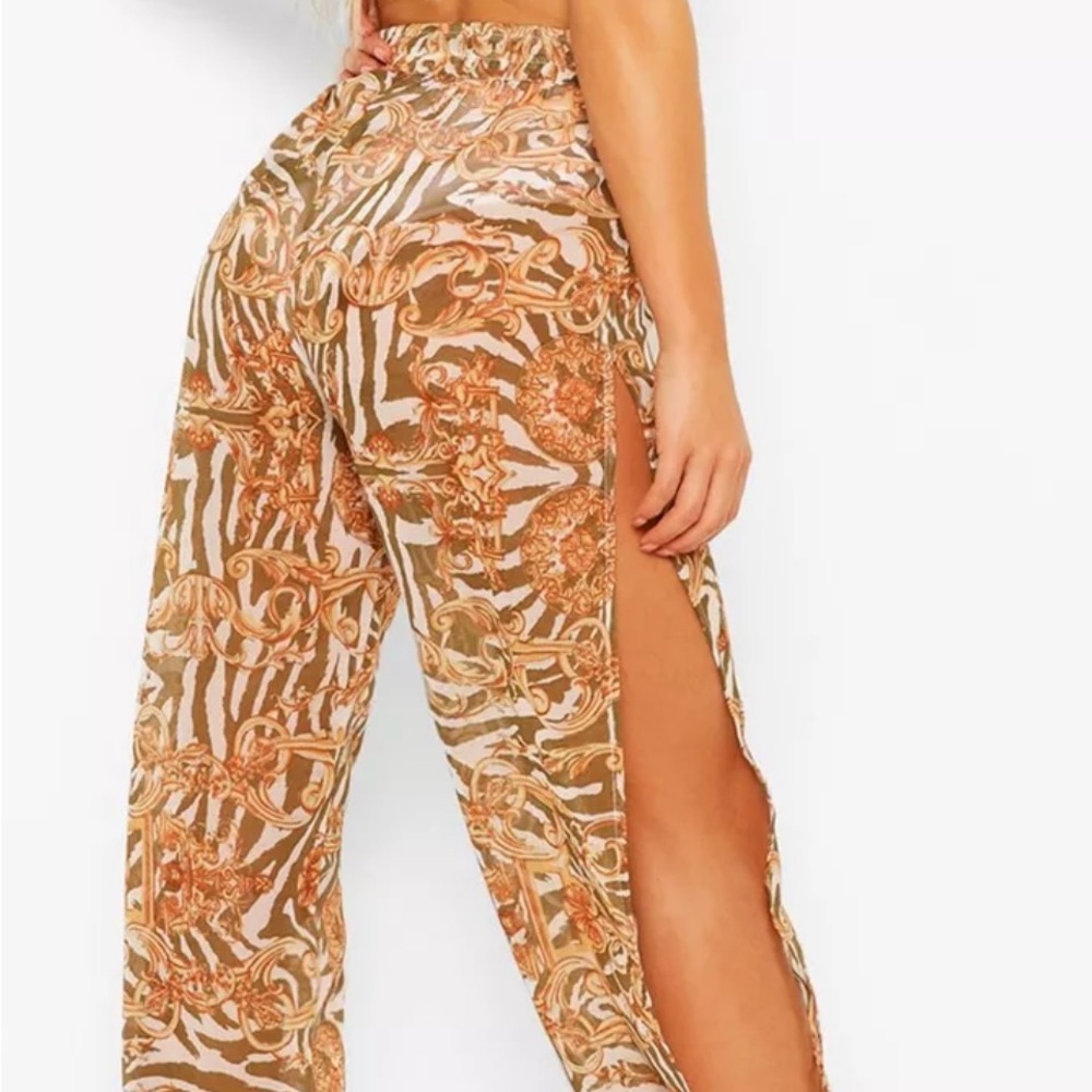 NWT BooHoo Scarf Baroque Print Tie‎ Ankle Beach Trouser, Women’s Size Medium
